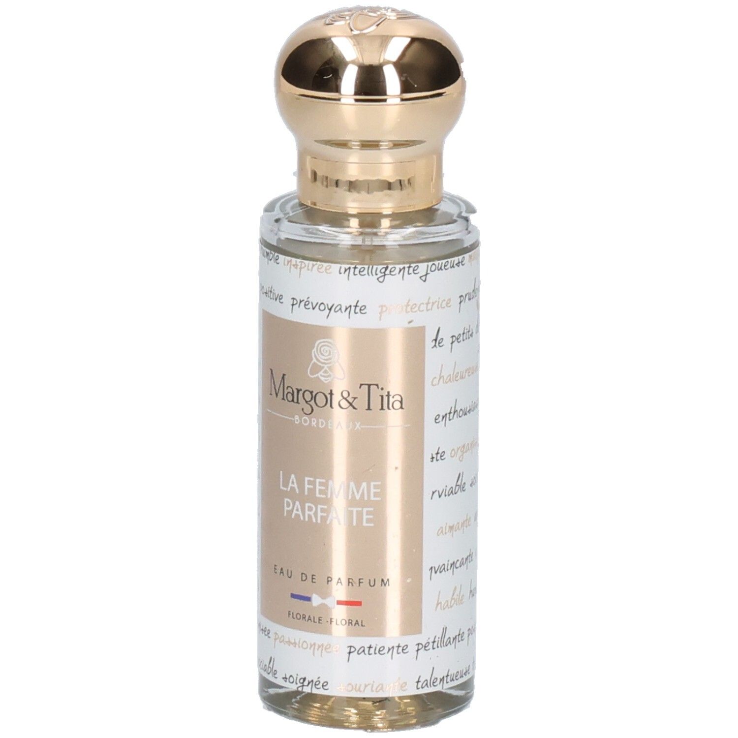 Flacon Margot & Tita La Femme Parfaite Eau de Parfum 30ml, vue de face avec bouchon doré.