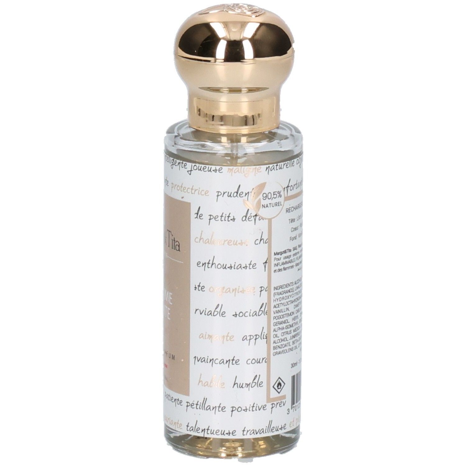 Vue latérale du flacon Margot & Tita La Femme Parfaite Eau de Parfum 30ml avec étiquette.