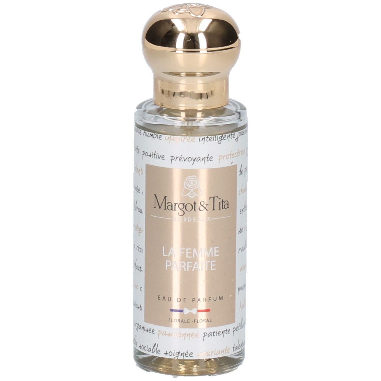 Flacon Margot & Tita La Femme Parfaite Eau de Parfum 30ml, vue frontale avec bouchon doré.
