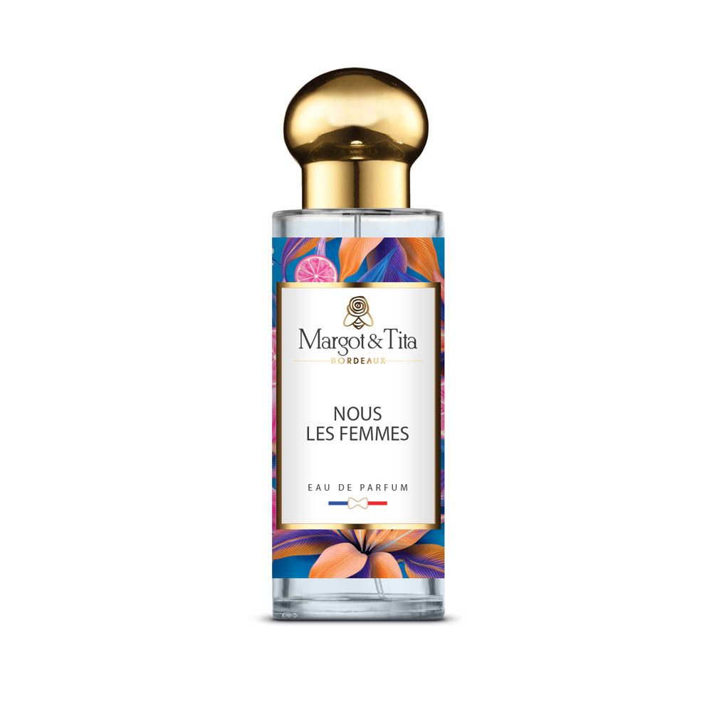 Margot & Tita Nous Les Femmes parfumfles met gouden dop en bloemenprint.