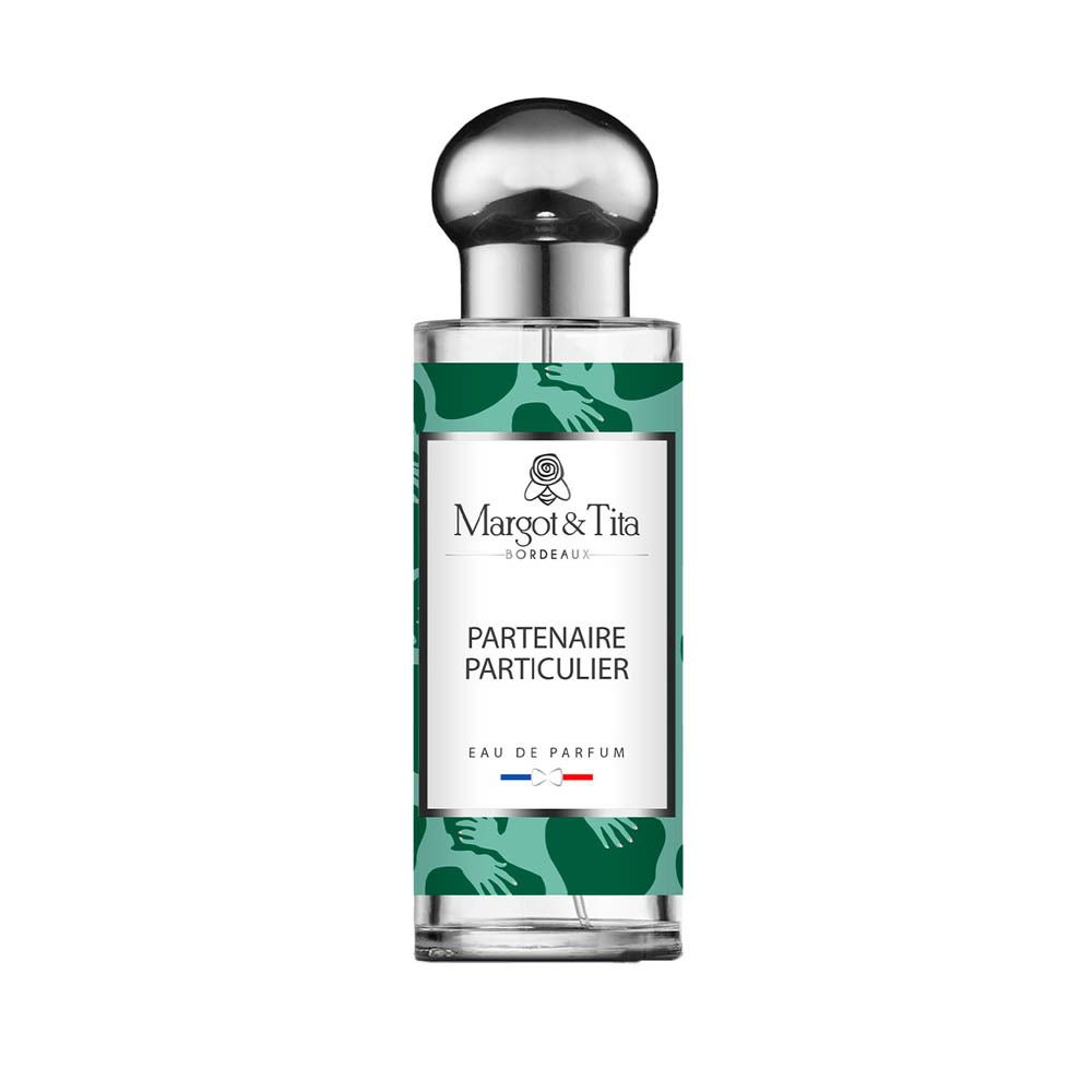 Margot & Tita Parfum: Partenaire Particulier Eau de Parfum. Groene fles met omhelzingspatroon. Zilveren dop.