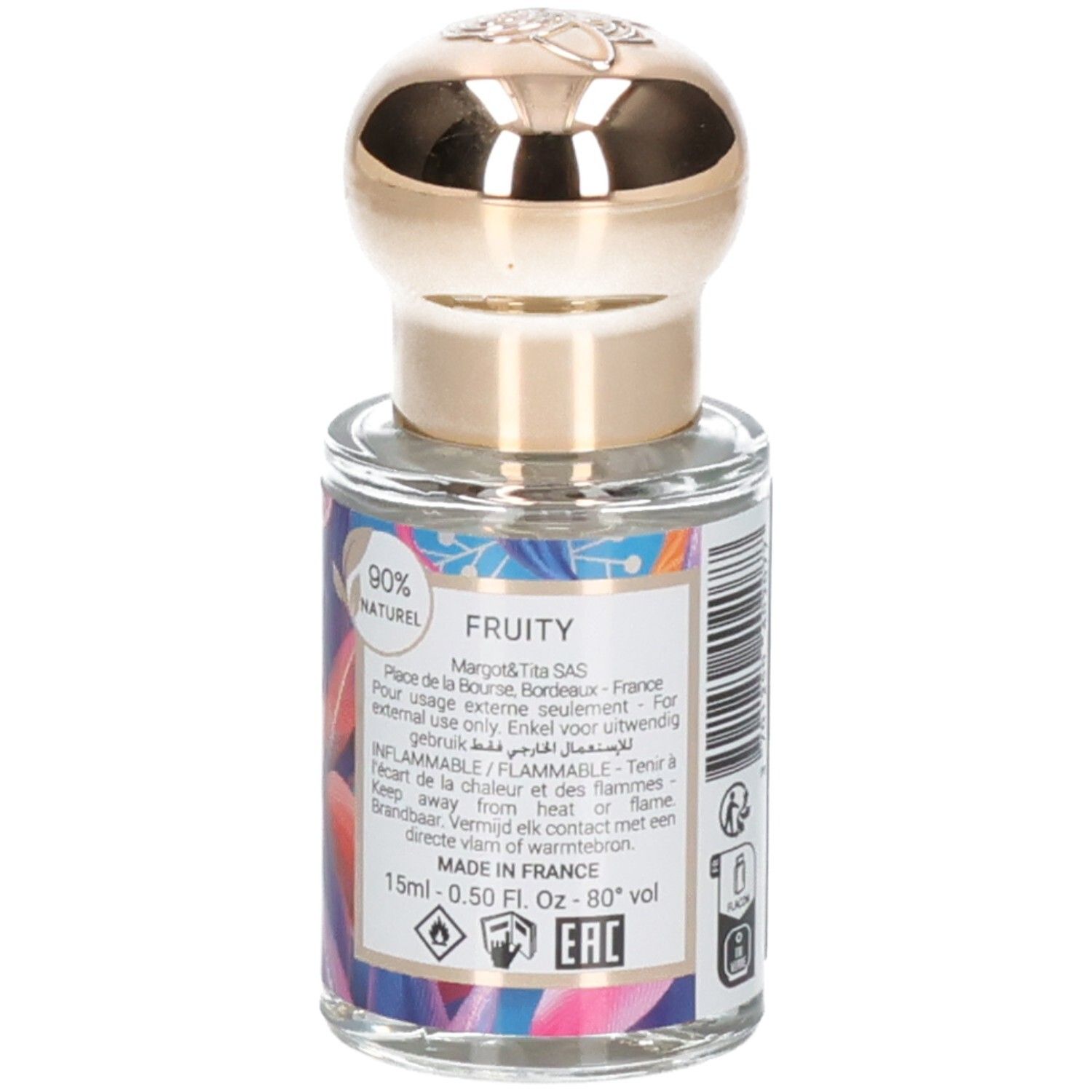 Petite bouteille en verre avec bouchon doré, étiquette "FRUITY" et 90% NATUREL.