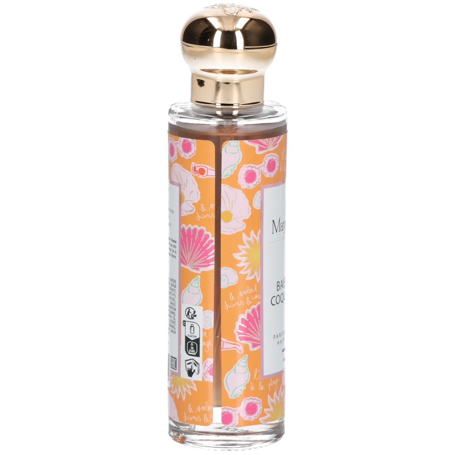 Achterkant van het haarparfum. Glazen fles met gouden dop en oranje label.