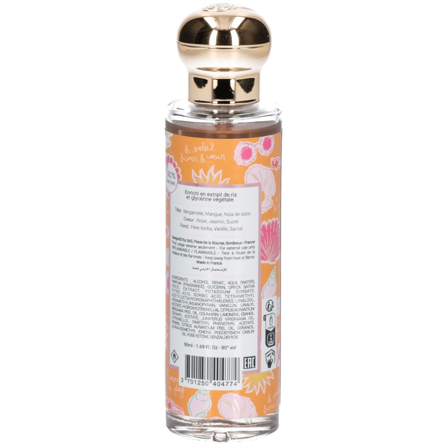 Achterkant van het haarparfum met ingrediënten en barcode. Glazen fles.
