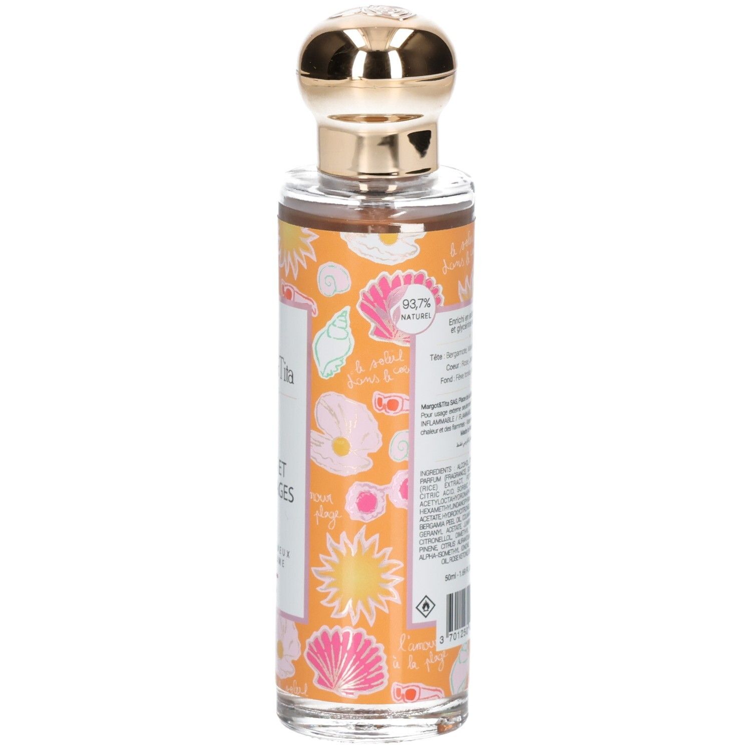 Zijaanzicht van het haarparfum. Glazen fles met gouden dop en oranje label.