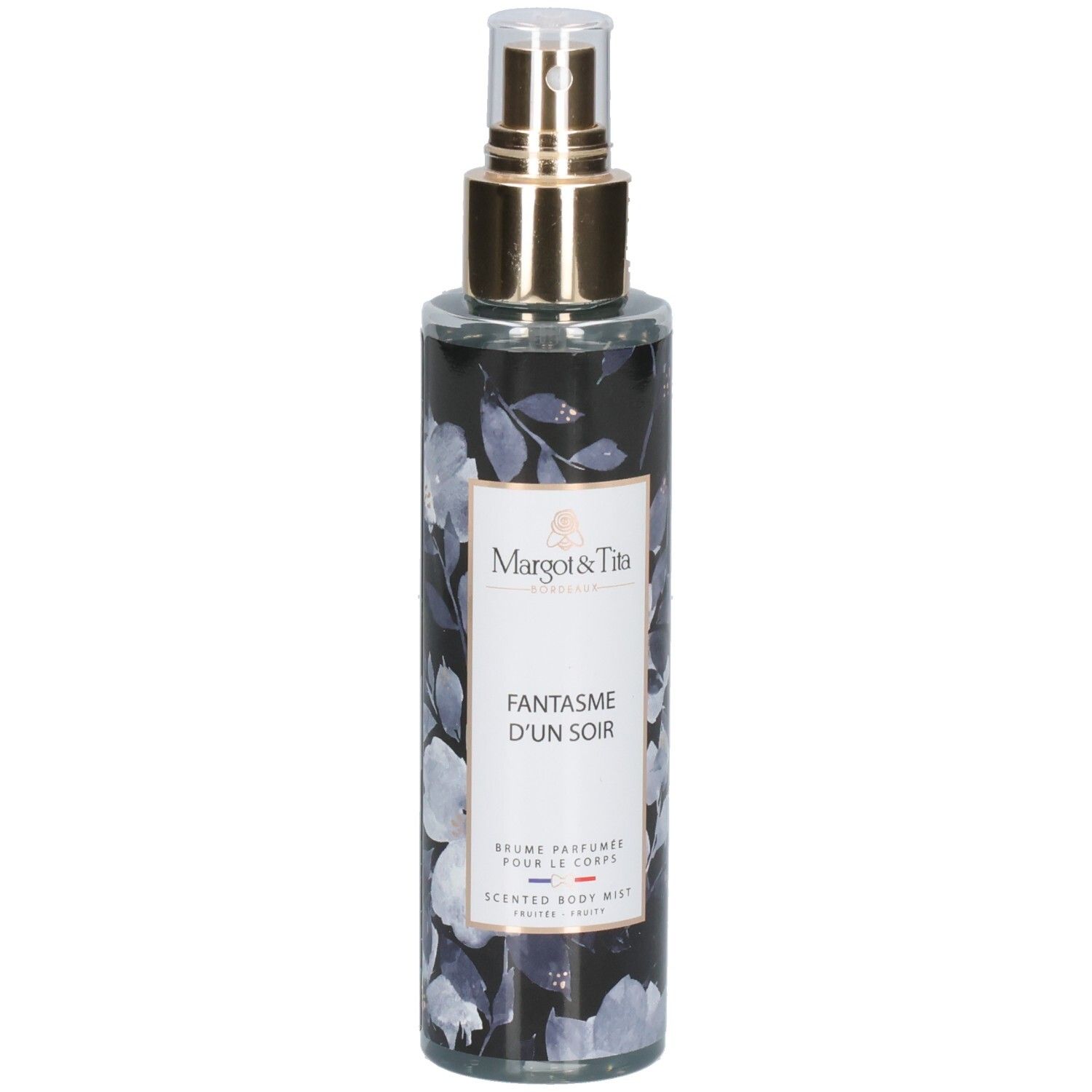 Margot & Tita Fantasme Un Soir Bodyspray, 200ml. Flacon transparent à motif floral et vaporisateur doré.