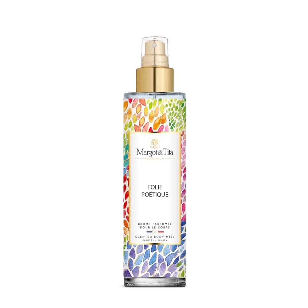 Body mist fles met kleurrijk patroon. Gouden spraykop. Tekst: Folie Poetique, Margot & tita.