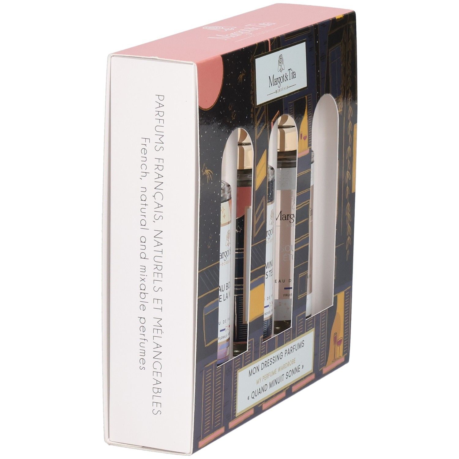 Margot & Tita geschenkdoos, zijkant met beschrijving van de drie parfums en ingrediënten.