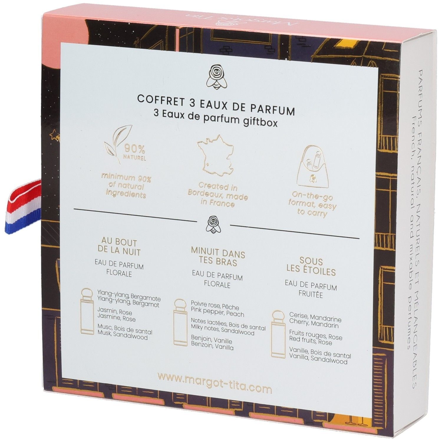 Achterkant van de Margot & Tita geschenkdoos met details over de drie parfums en herkomst.