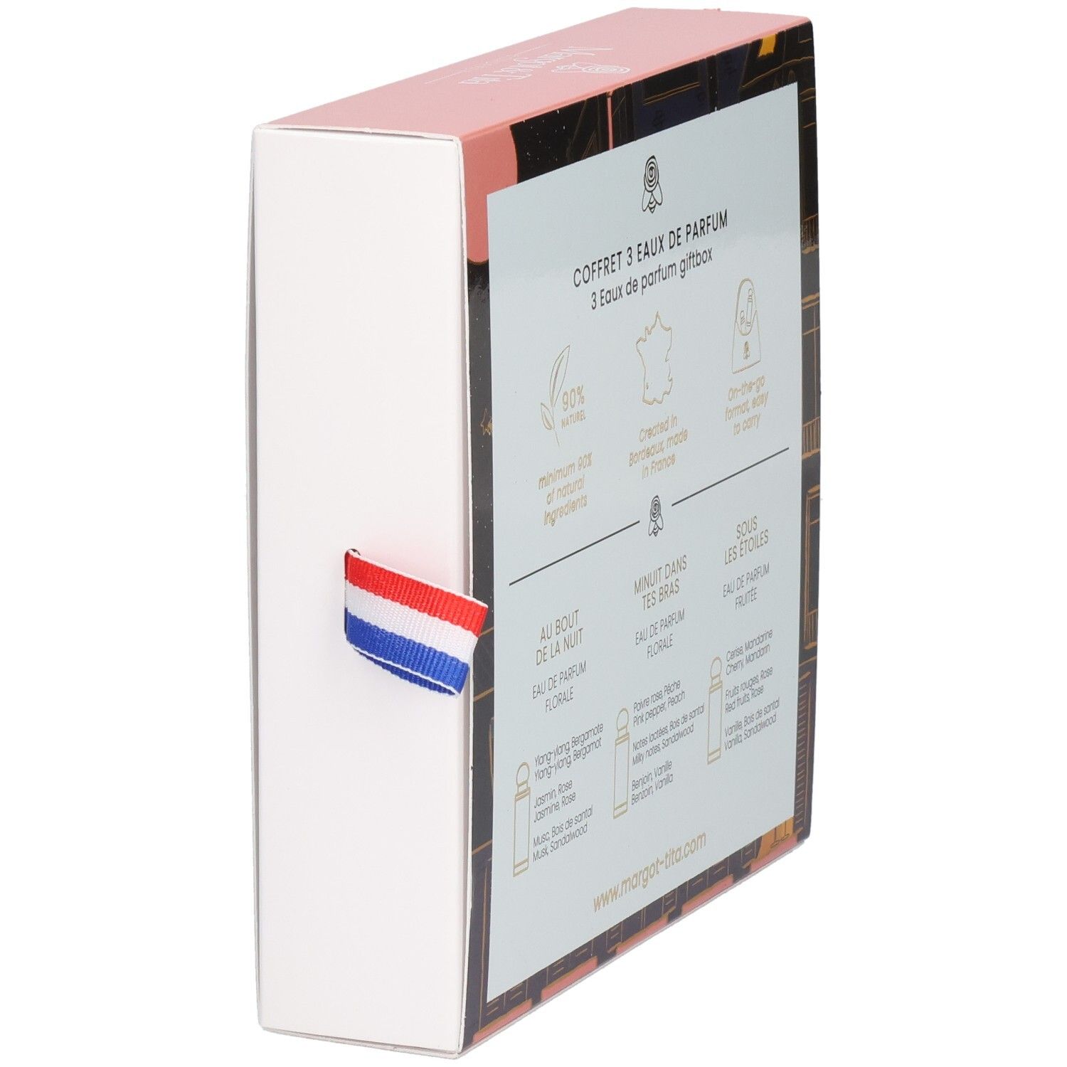 Margot & Tita geschenkdoos, zijkant met Franse vlag en productinformatie.
