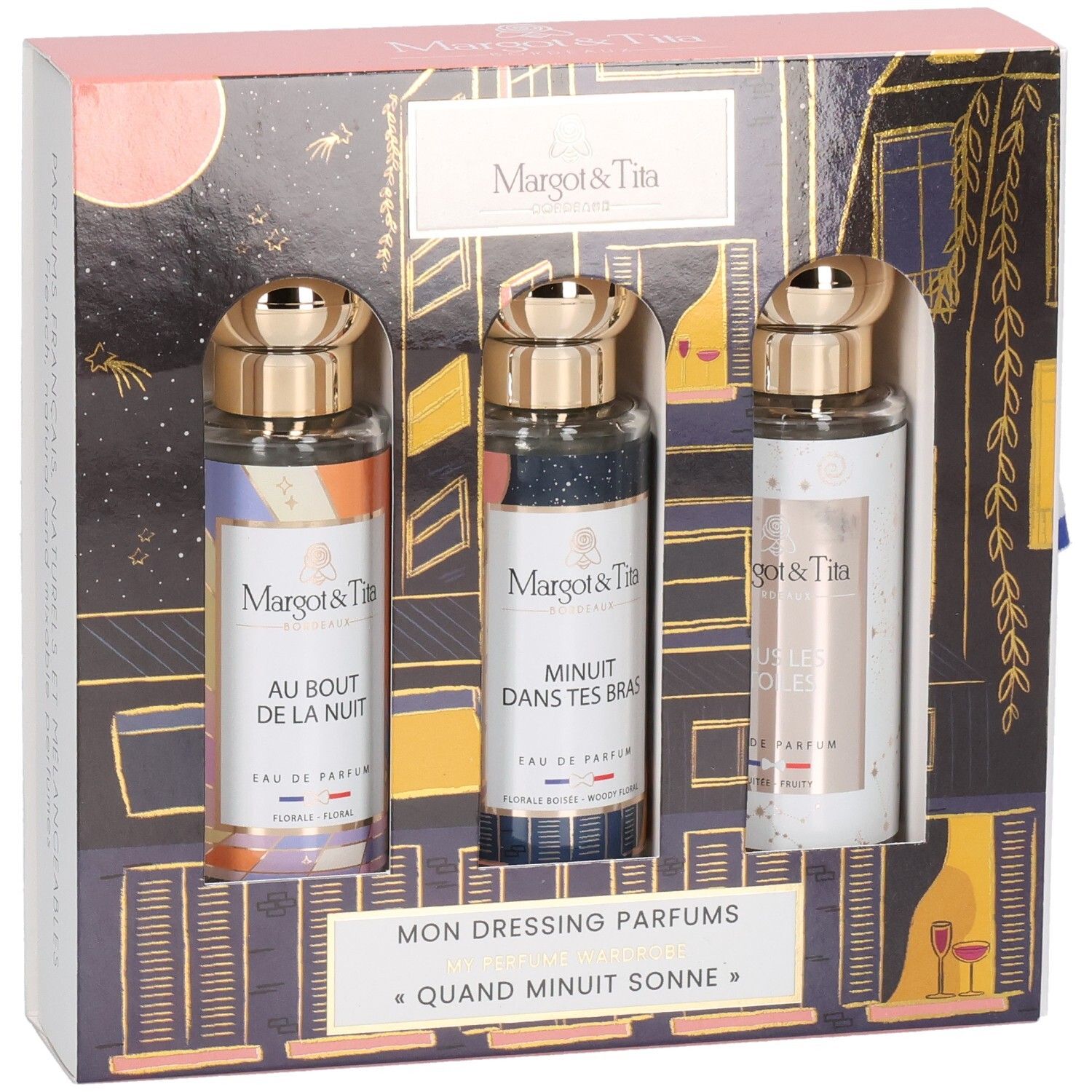 Margot & Tita geschenkdoos met drie parfumflesjes, 'Quand Minuit Sonne' collectie.