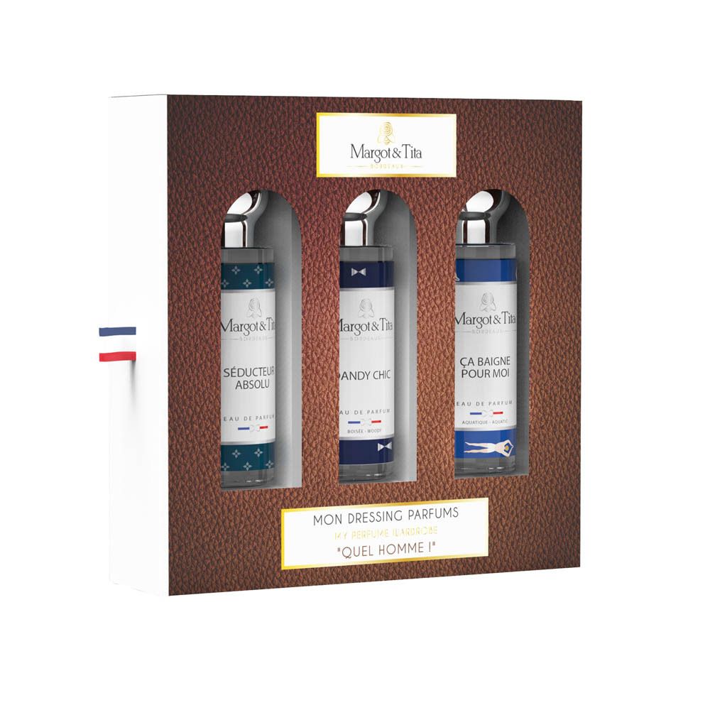 Cadeaudoos met drie parfumflesjes. Bruine doos met witte binnenkant. Franse vlag als lint.