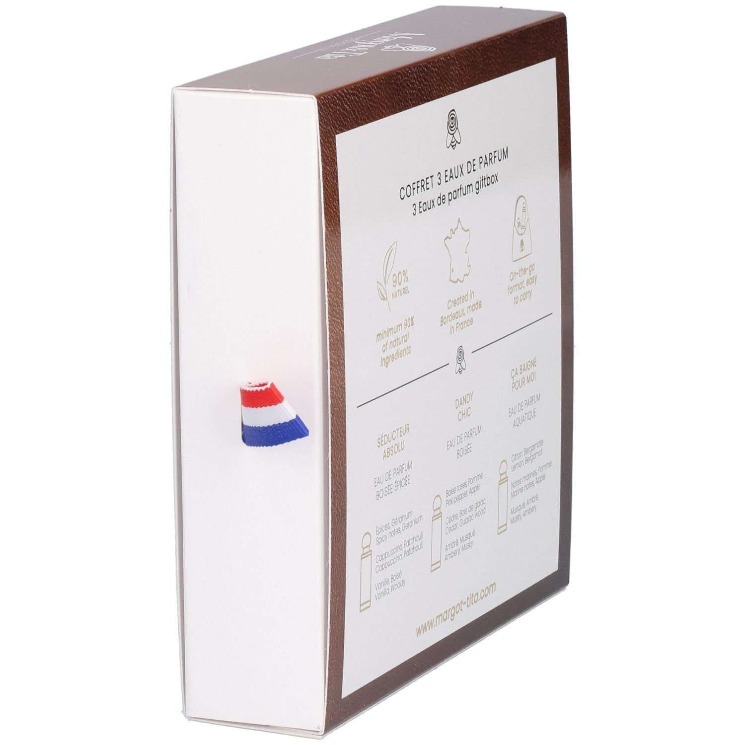 Dos du coffret cadeau avec informations. Texte et illustrations. Ruban drapeau français.