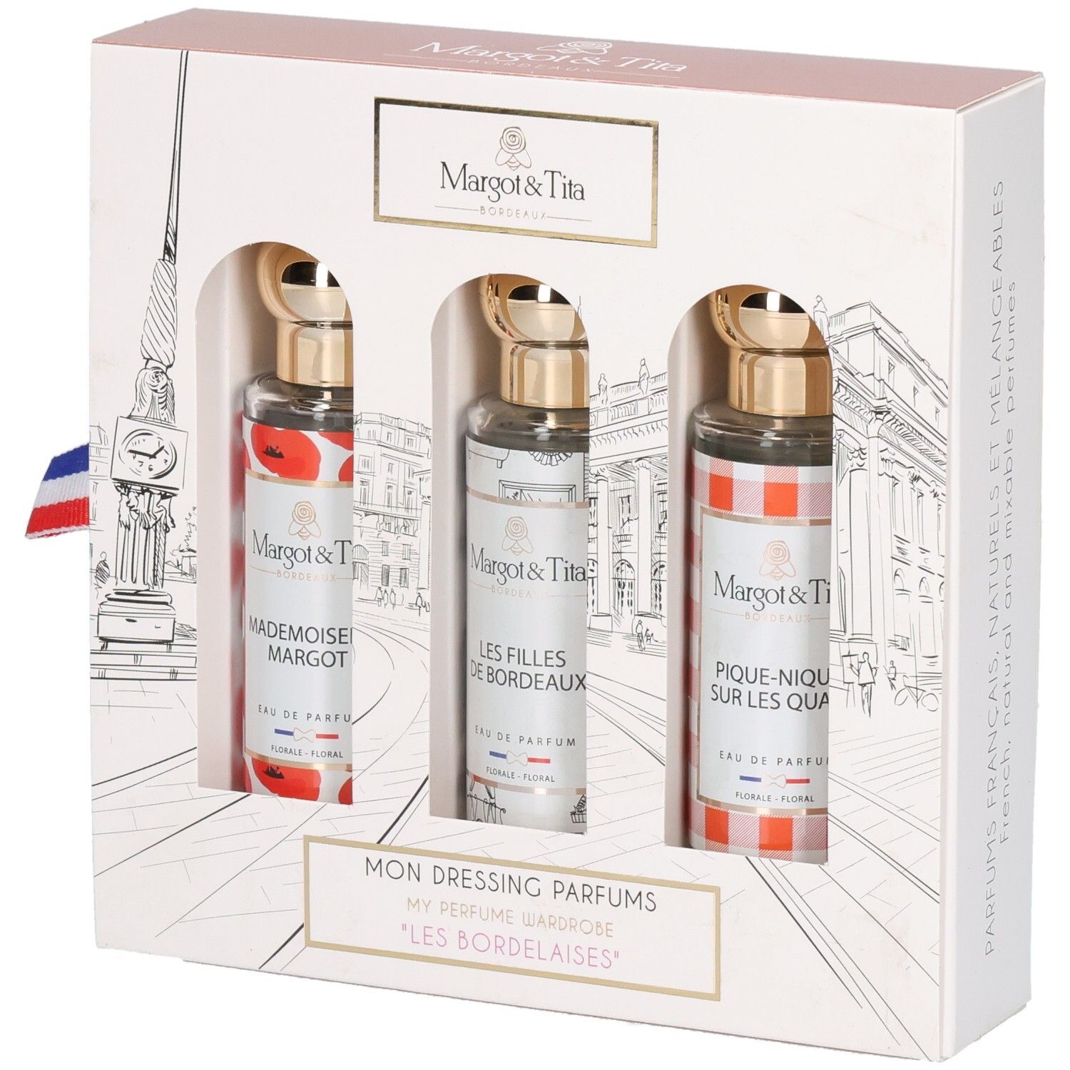 Coffret Margot & Tita avec trois flacons de parfum : Mademoiselle Margot, Les Filles de Bordeaux, Pique-Nique sur les Quais.