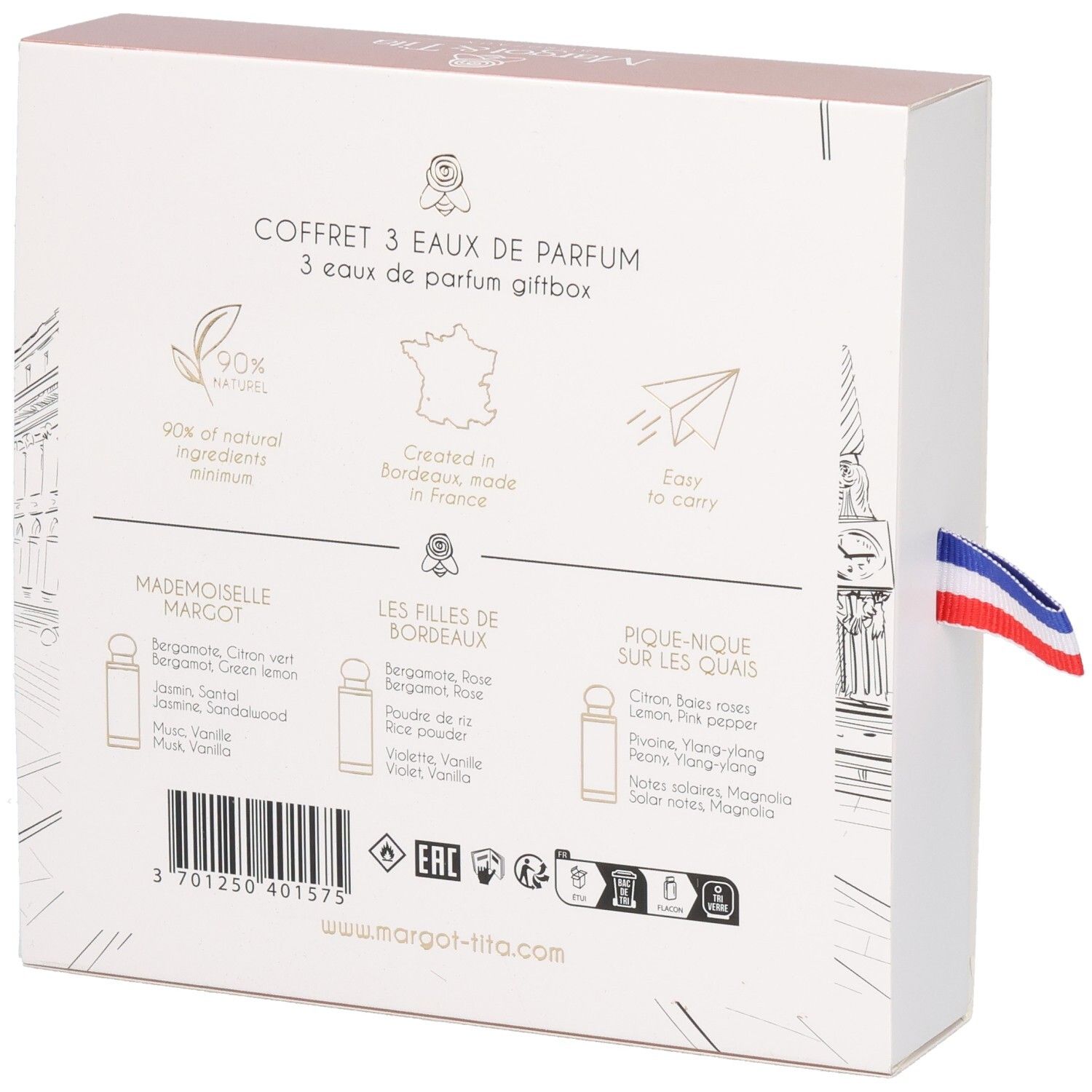Arrière du coffret Margot & Tita avec détails sur les trois parfums et ingrédients.