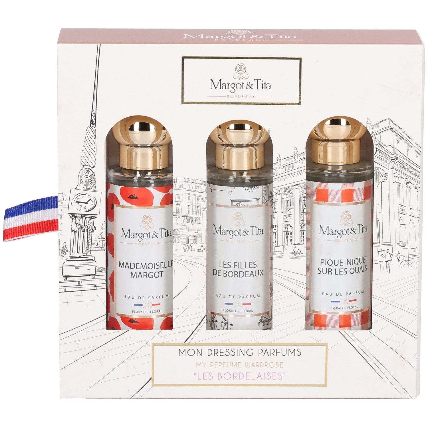 Coffret Margot & Tita avec trois flacons de parfum : Mademoiselle Margot, Les Filles de Bordeaux, Pique-Nique sur les Quais.