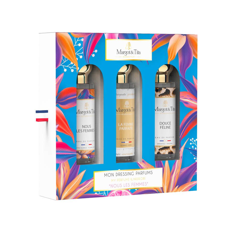 Margot & Tita geschenkdoos met drie parfumflesjes: Nous Les Femmes, La Femme Parfaite, Douce Féline.