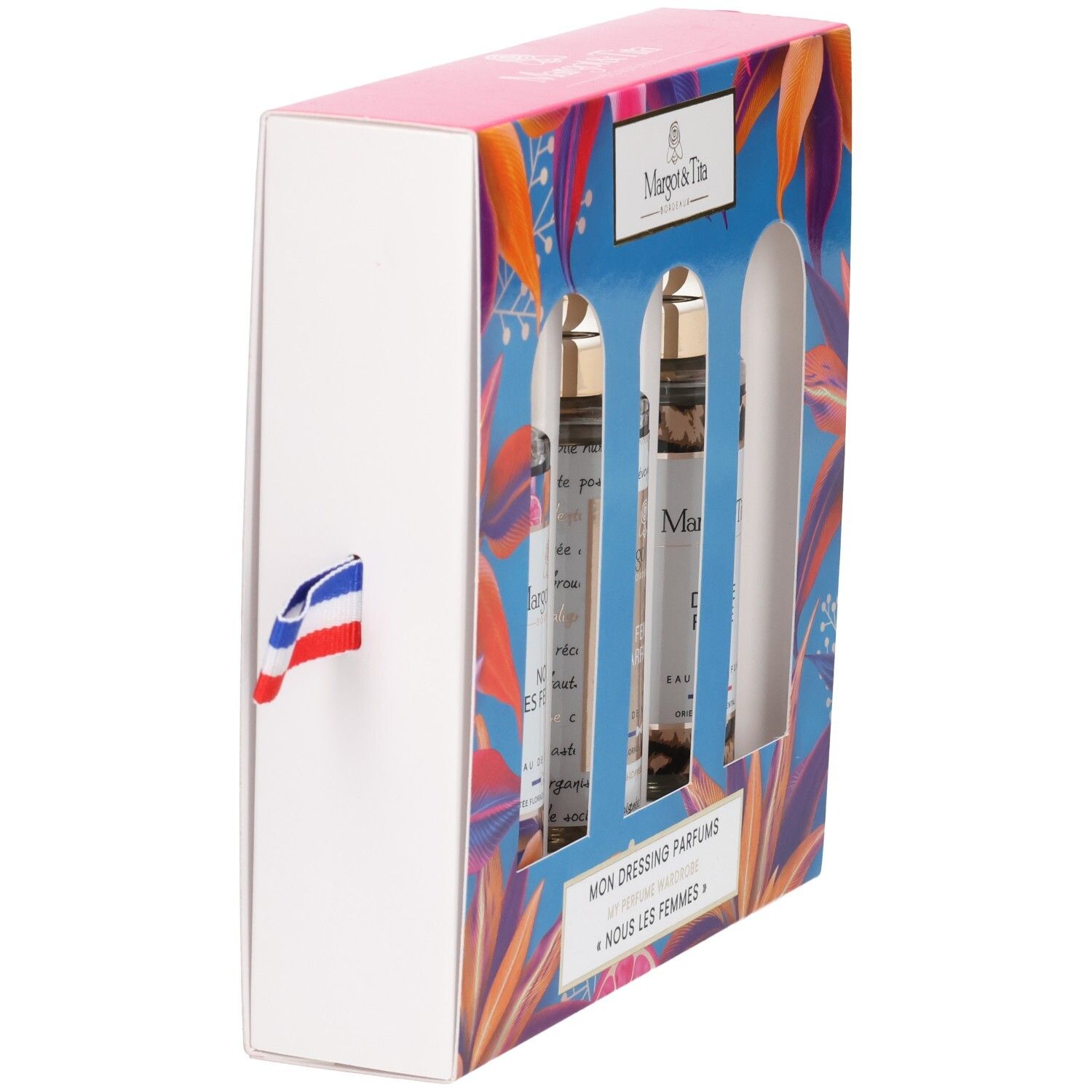 Margot & Tita geschenkdoos met drie parfumflesjes, zijaanzicht.
