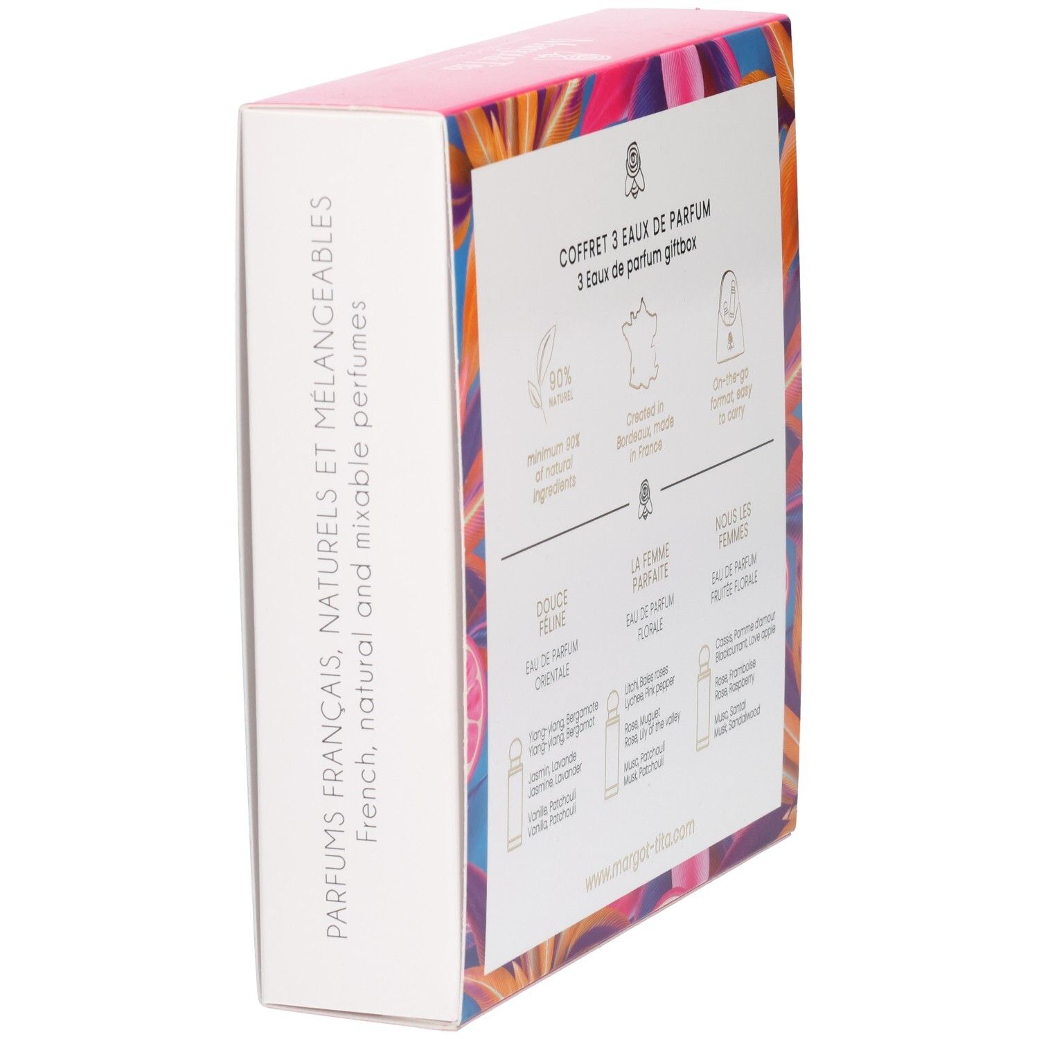 Margot & Tita geschenkdoos met drie parfumflesjes, achter- en zijaanzicht.
