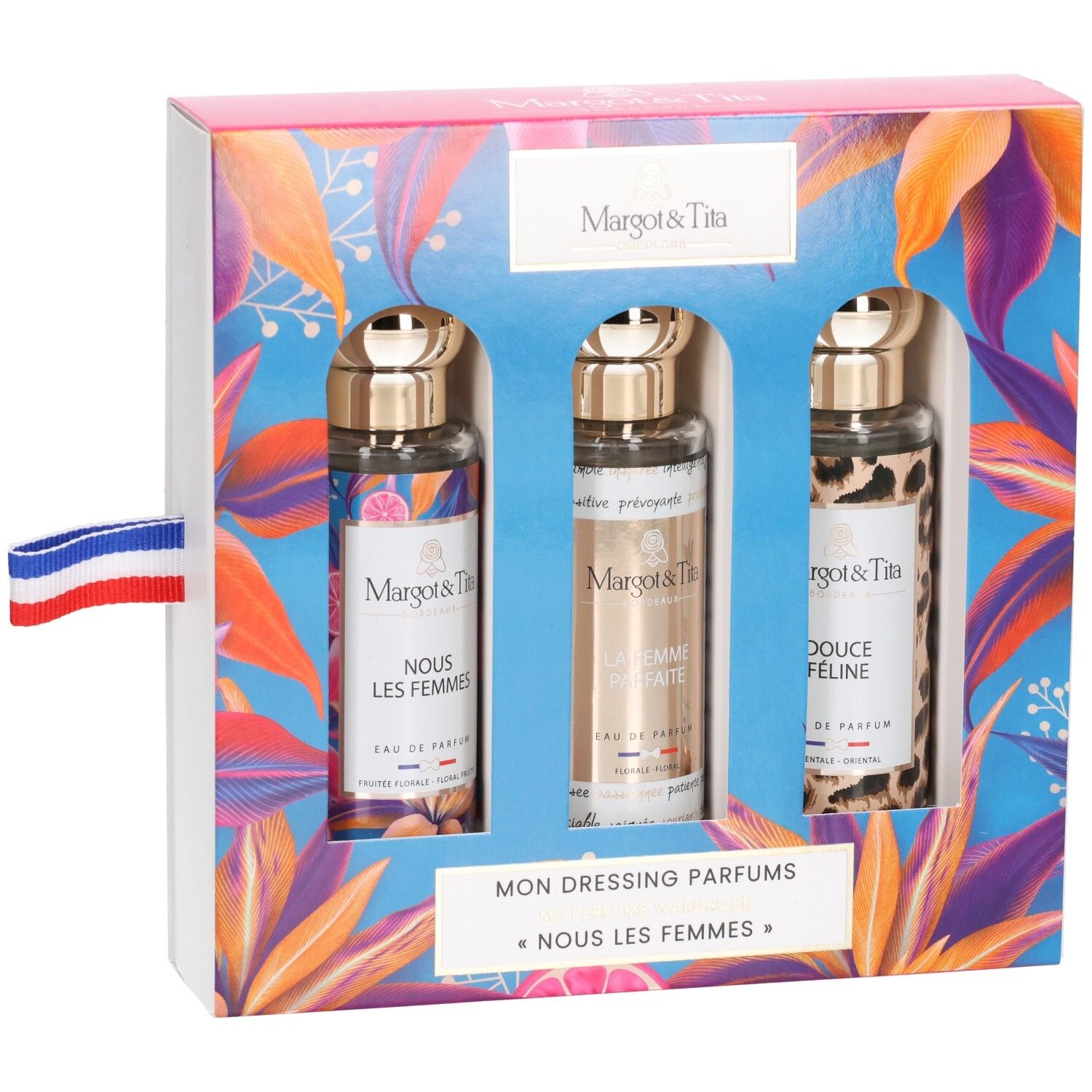 Margot & Tita geschenkdoos met drie parfumflesjes, licht geopend.