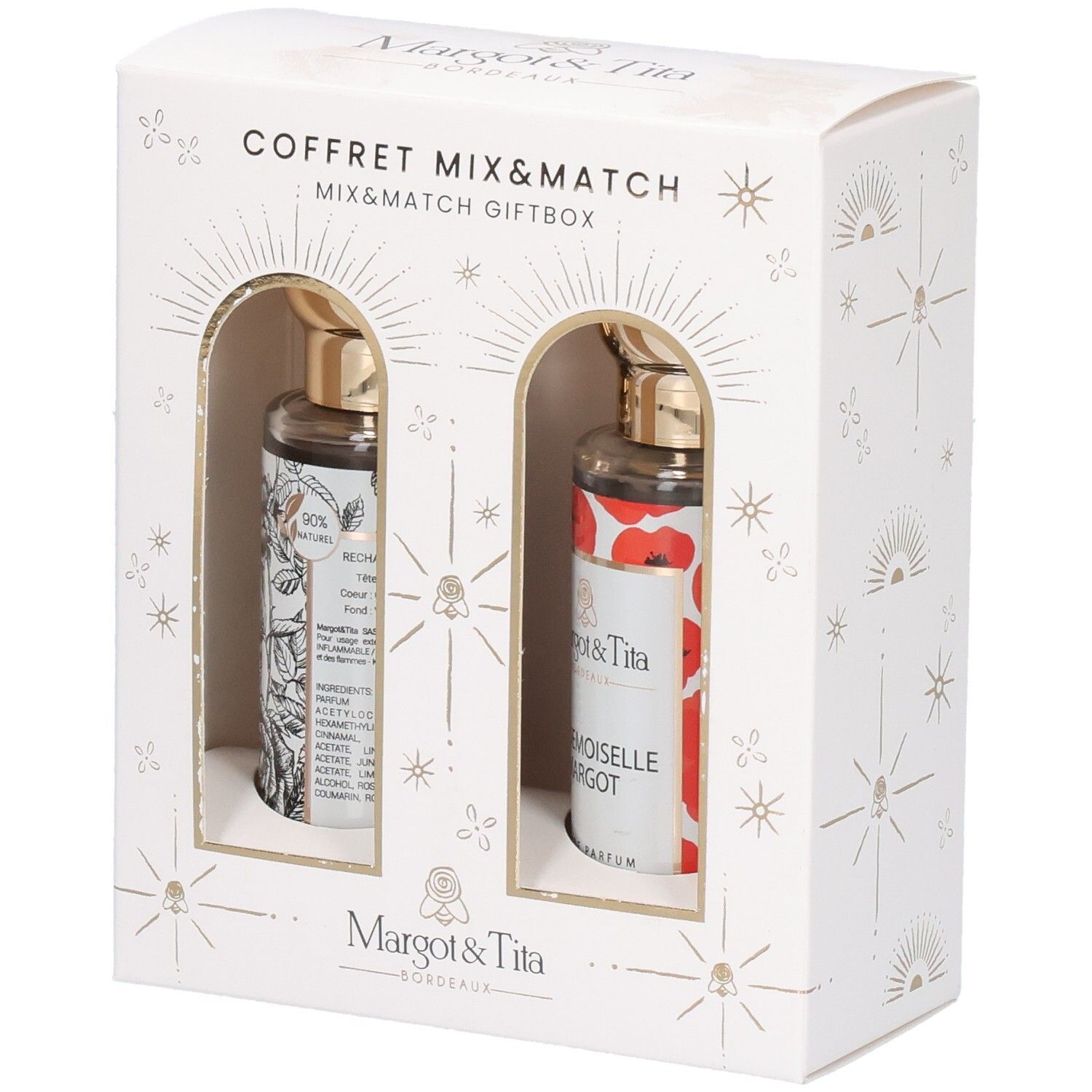Margot & Tita Mix&Match geschenkdoos met twee parfumflesjes, één met botanisch patroon, de ander met klaprozen.