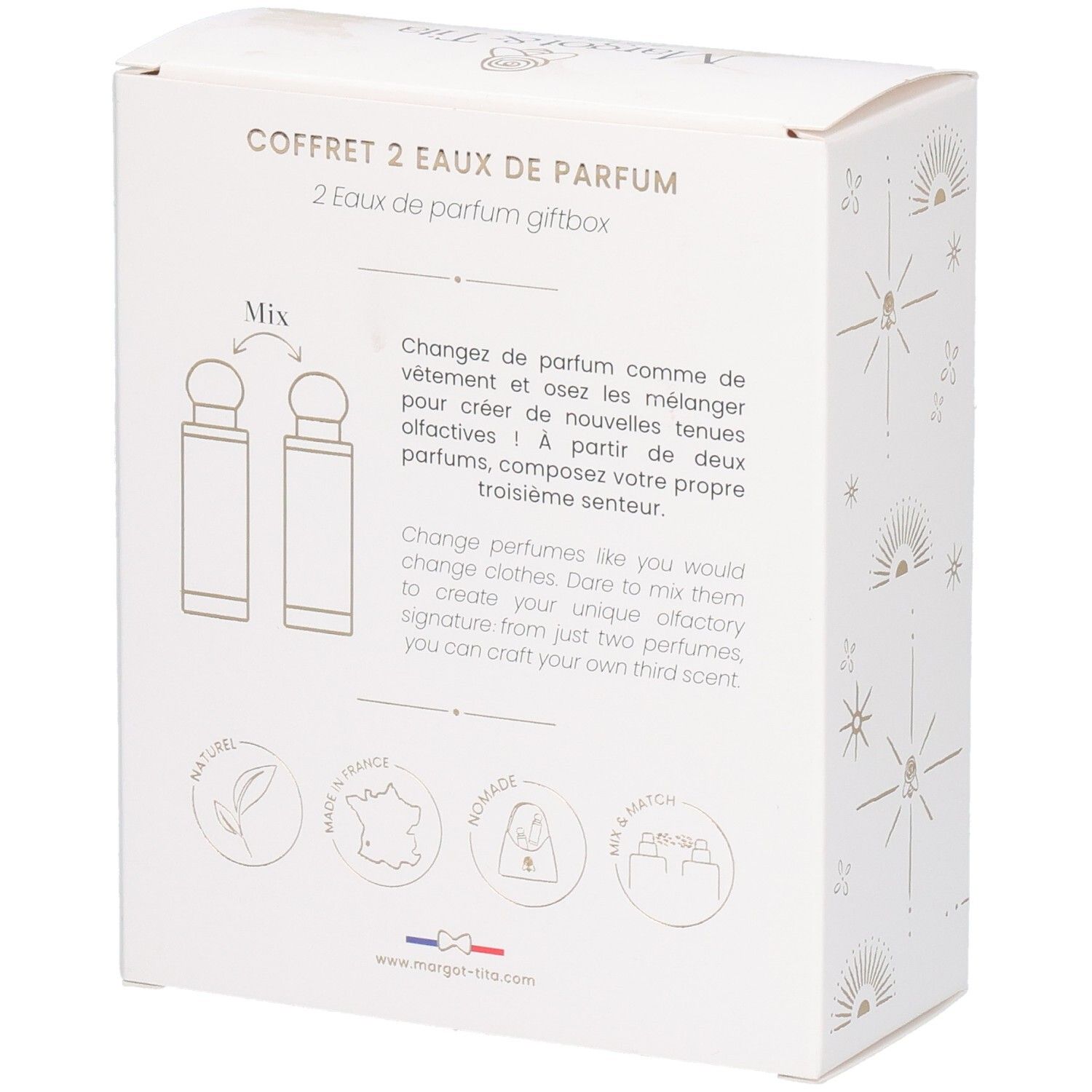 Achterkant van de geschenkdoos met instructies voor het mixen van geuren en productinformatie.