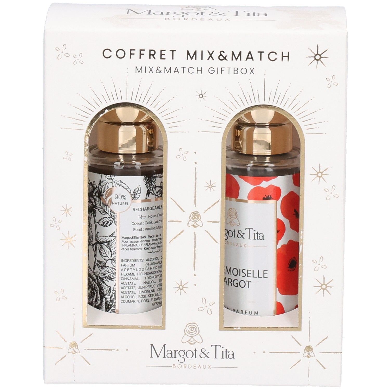 Margot & Tita Mix&Match geschenkdoos met twee parfumflesjes, één met botanisch patroon, de ander met klaprozen.