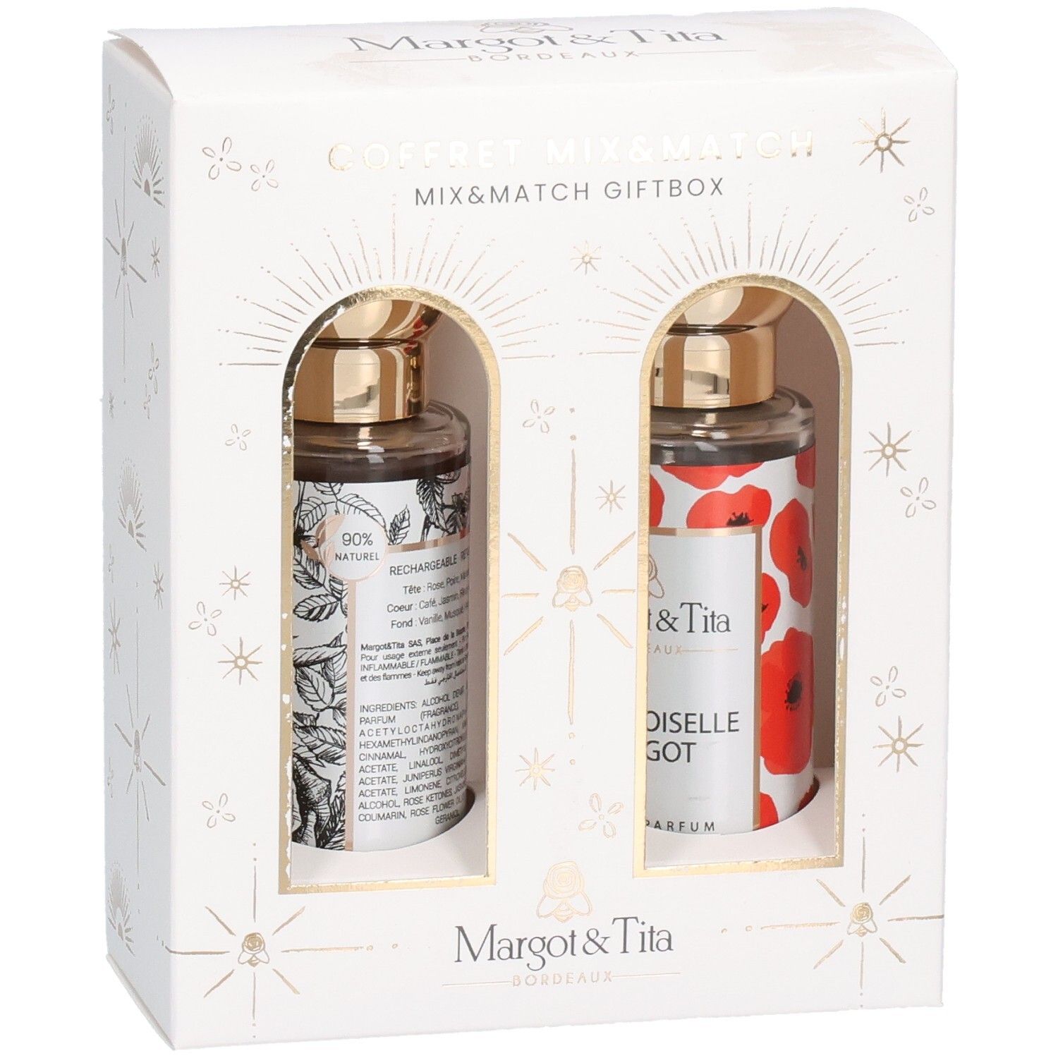 Margot & Tita Mix&Match geschenkdoos met twee parfumflesjes, één met botanisch patroon, de ander met klaprozen.