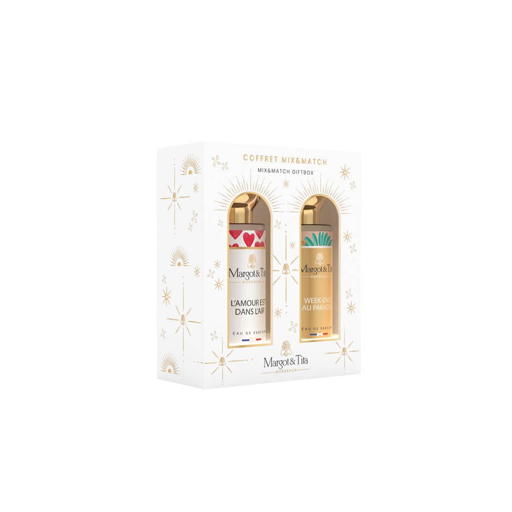 Margot & Tita Mix & Match geschenkdoos met twee parfumflesjes, één met rode hartjes, de ander met palmbladmotief.