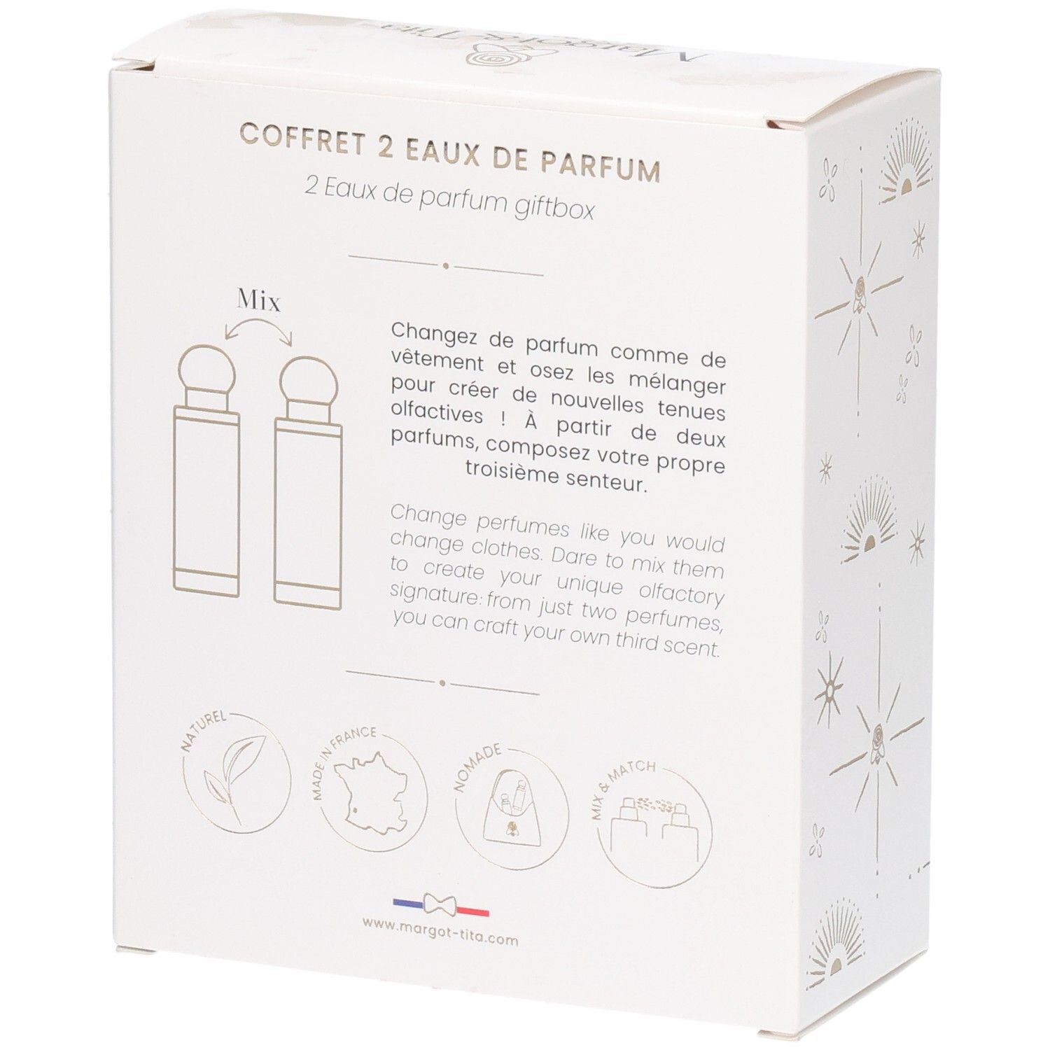 Arrière du coffret cadeau Margot & Tita avec instructions de mélange de parfums et sceaux.
