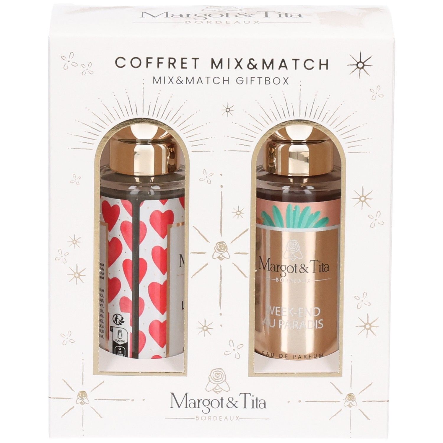 Coffret Mix & Match Margot & Tita avec deux flacons de parfum, l'un à cœurs rouges, l'autre à motif feuilles de palmier.