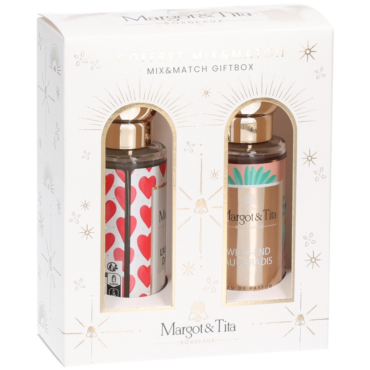 Coffret Mix & Match Margot & Tita avec deux flacons de parfum, l'un à cœurs rouges, l'autre à motif feuilles de palmier.