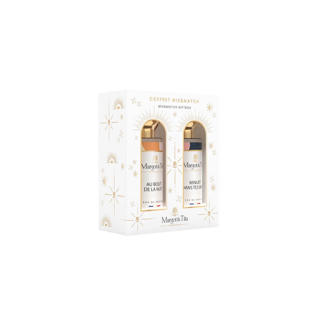 Margot&Tita Mix&Match geschenkdoos met twee Eau de Parfum flesjes: 'Au bout de la nuit' en 'Minuit dans tes bras'.