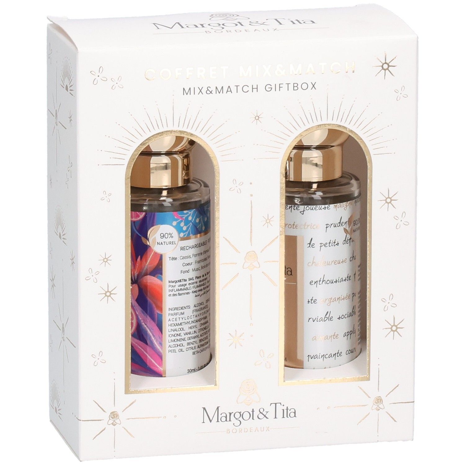 Coffret Mix&Match Margot & Tita avec deux flacons d'eau de parfum, légèrement en biais.