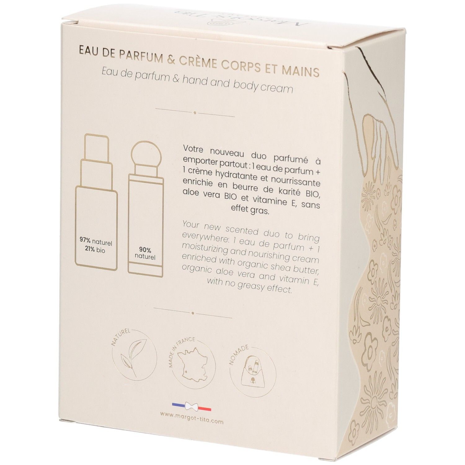 Arrière du coffret cadeau Margot&Tita : Informations sur le parfum et la crème corps.