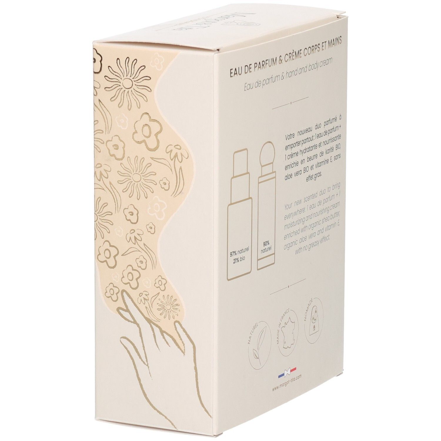 Arrière du coffret cadeau Margot&Tita : Informations sur le parfum et la crème corps.