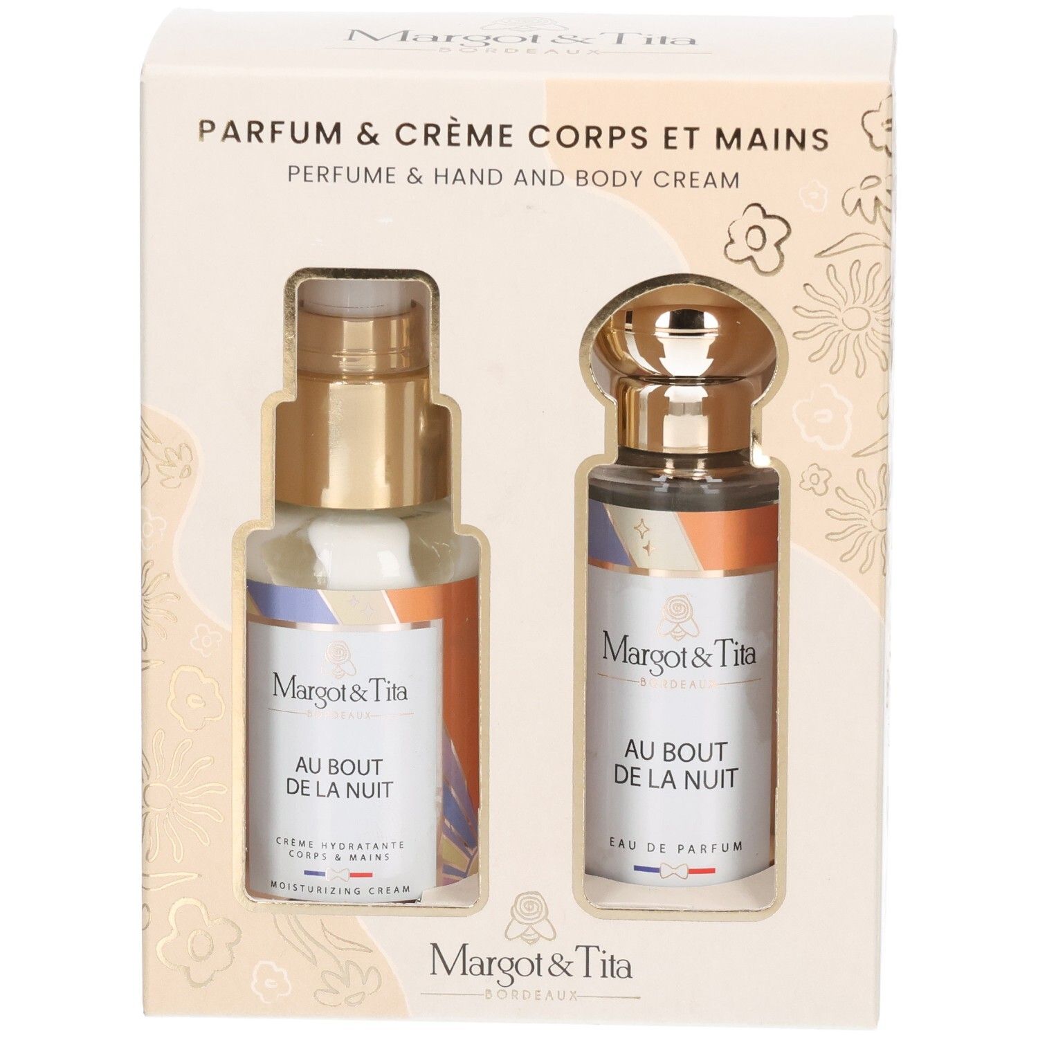 Coffret cadeau Margot&Tita : Parfum et crème mains et corps dans une boîte.