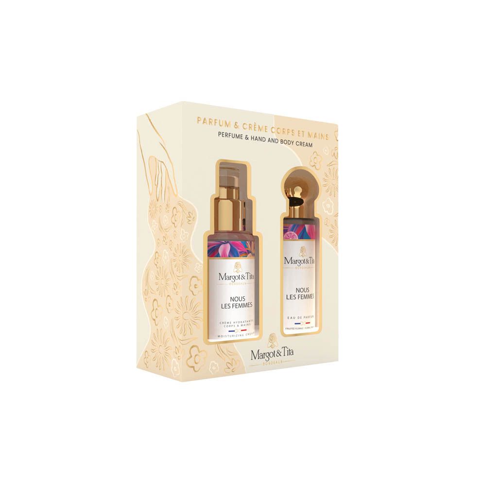 Geschenkdoos met crème en parfum. Opschrift: Margot & Tita, Nous les Femmes. Beige verpakking met bloemmotief.