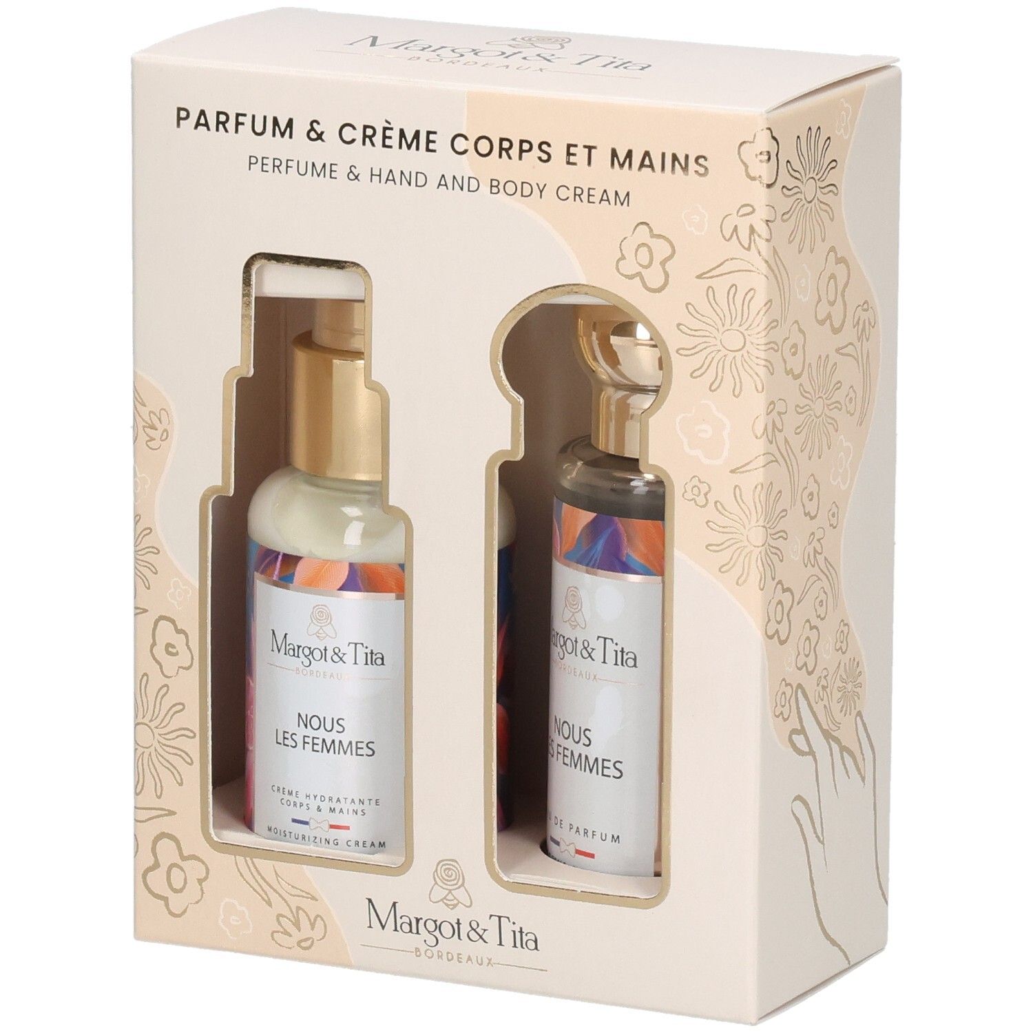 Coffret cadeau avec deux flacons. Crème et parfum. Inscription : Margot & Tita, Nous les Femmes. Emballage beige.