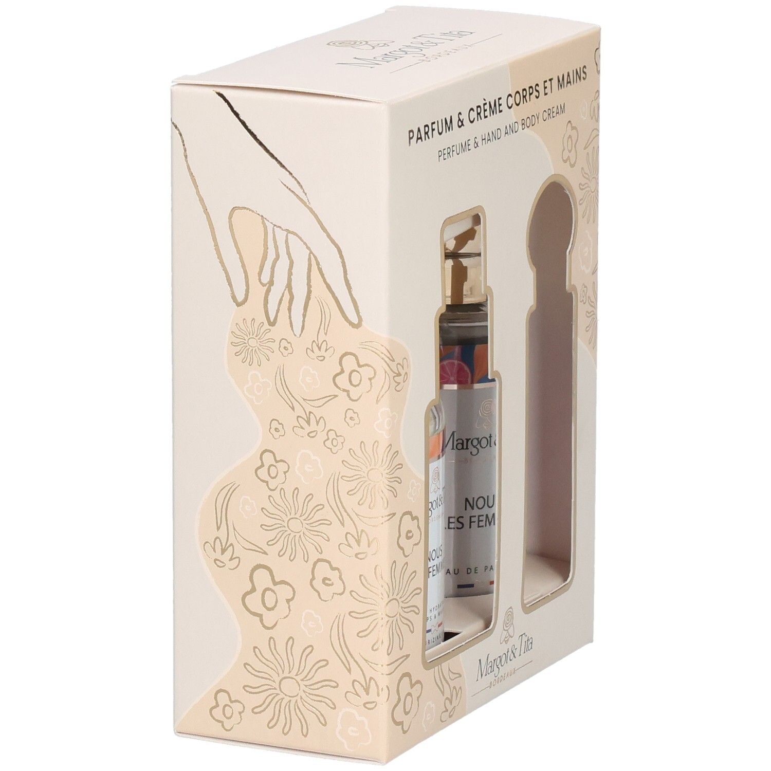 Coffret cadeau beige avec crème et parfum. Inscription : Margot & Tita, Nous les Femmes. Vue latérale avec motif floral.