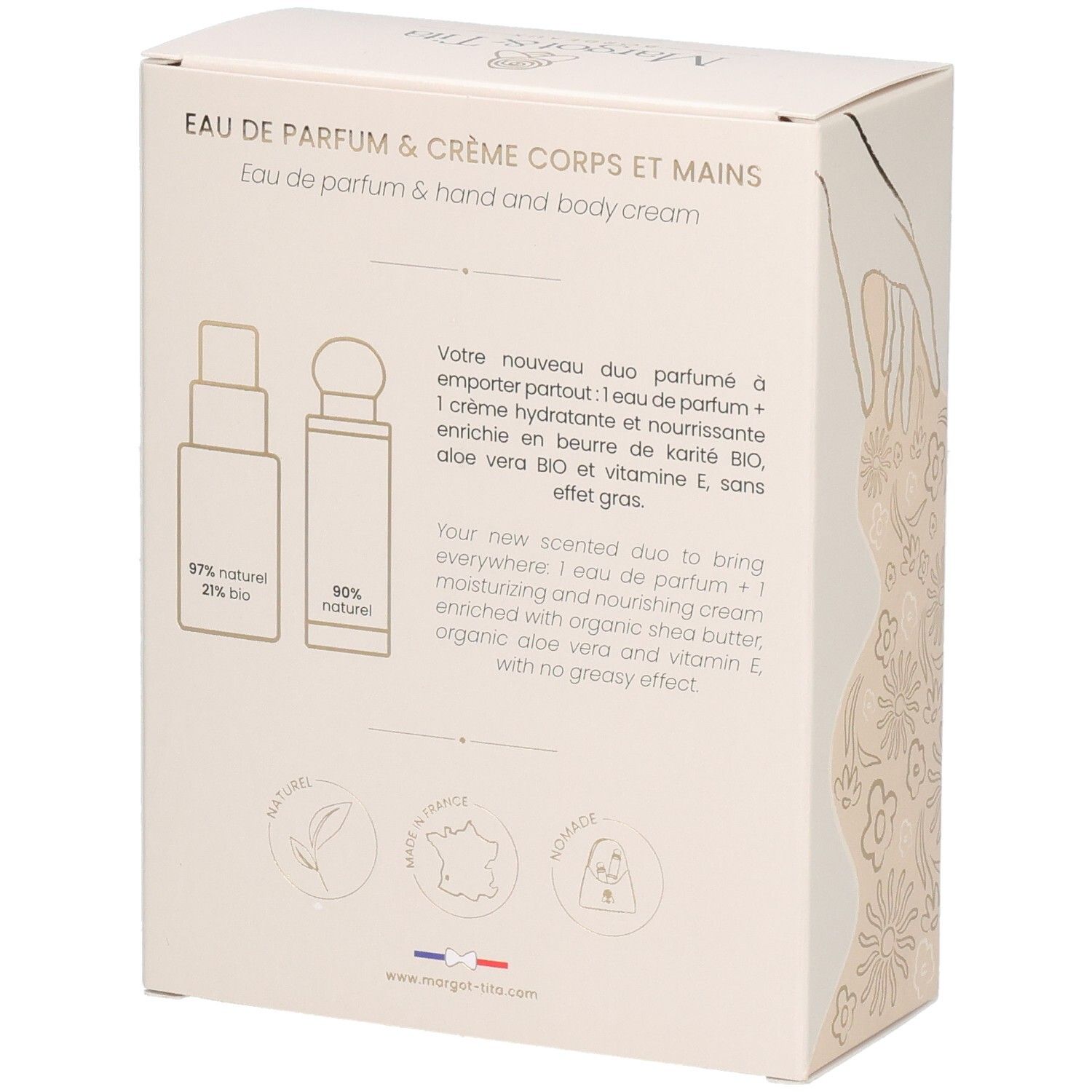 Dos du coffret cadeau. Texte : Eau de Parfum & Crème Corps et Mains. Ingrédients et logos. Fond beige.