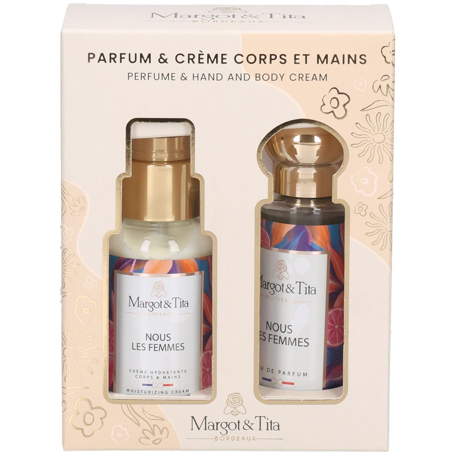 Coffret cadeau avec crème et parfum. Inscription : Margot & Tita, Nous les Femmes. Emballage beige avec motif floral.