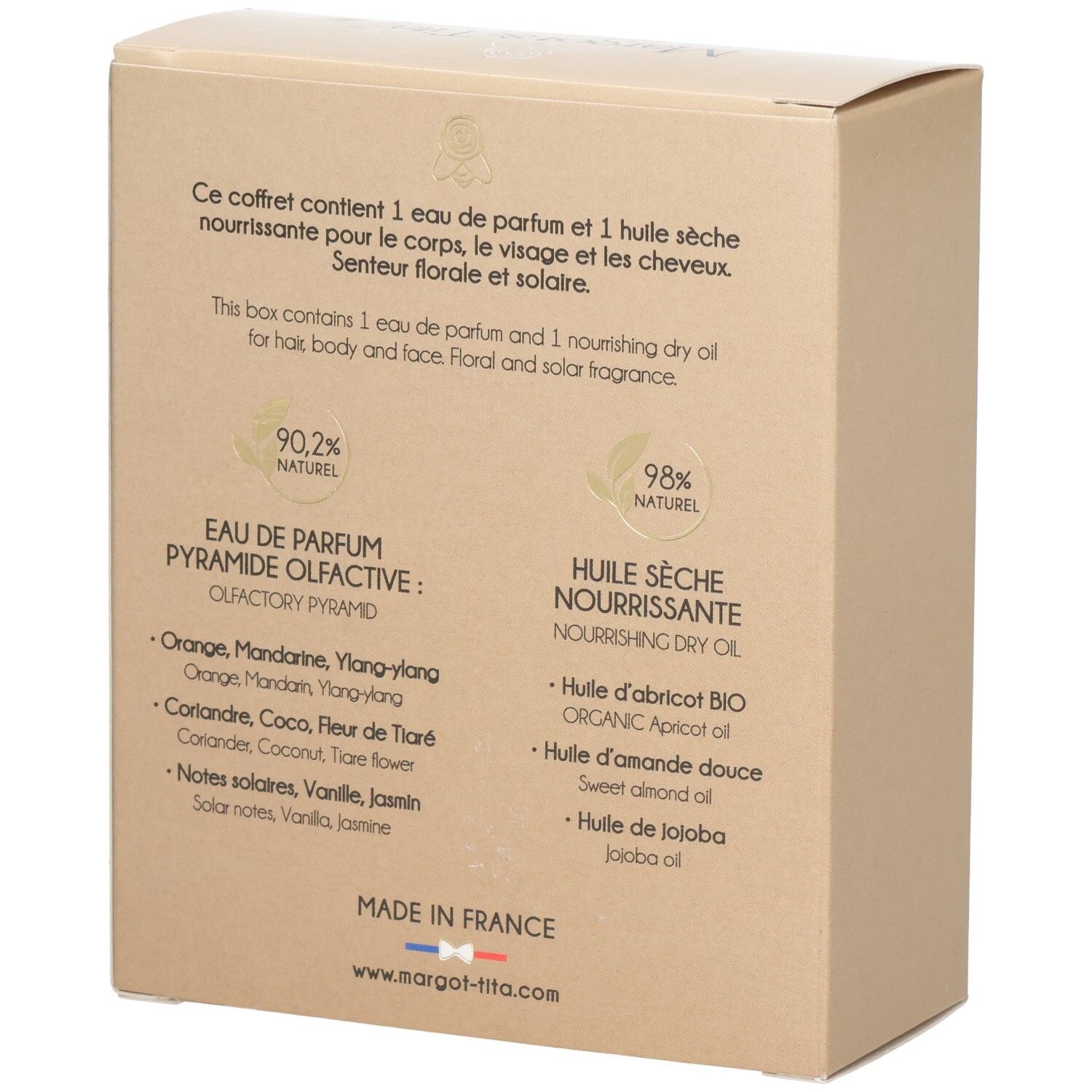 Arrière de la boîte Margot & Tita avec informations produit et ingrédients.