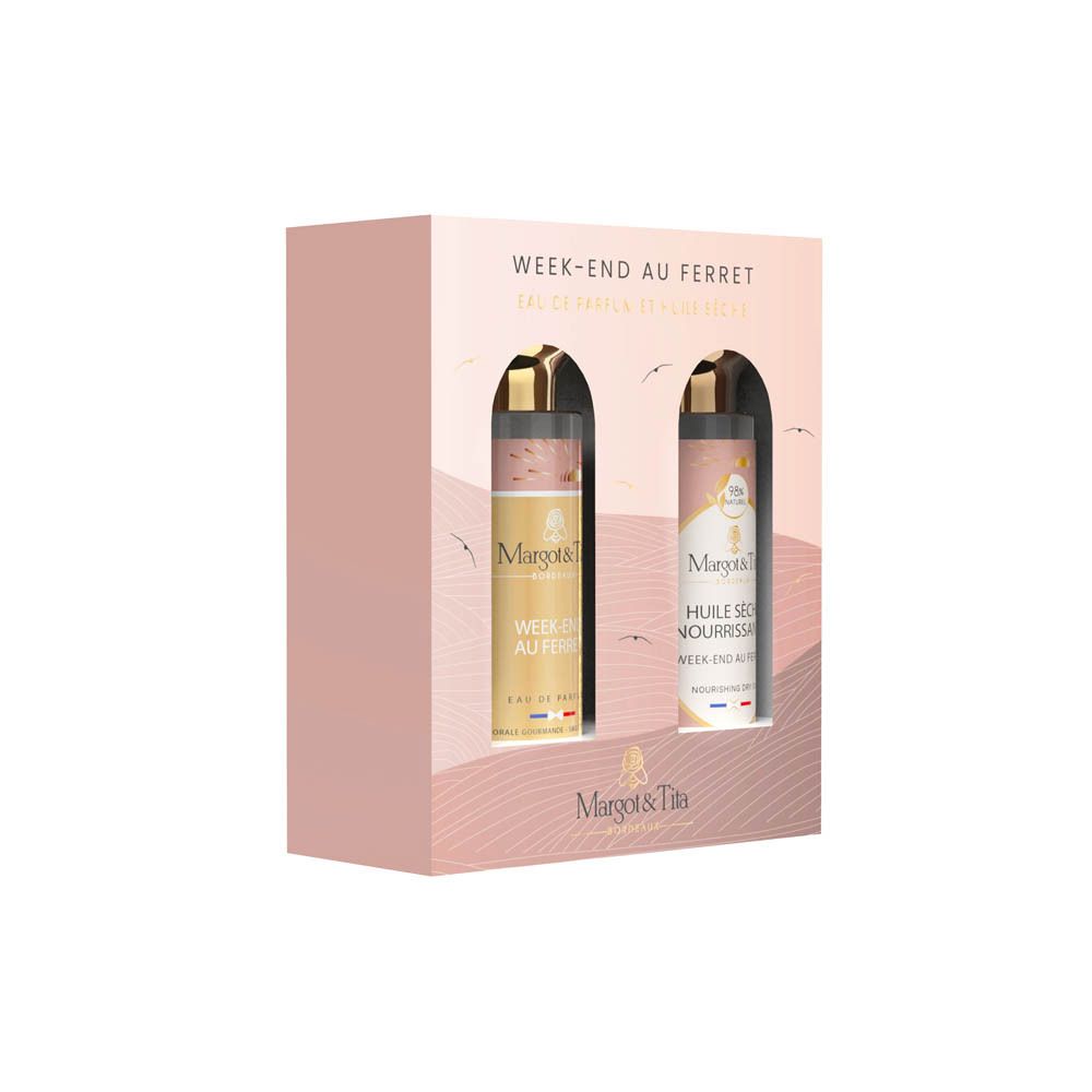 Coffret avec deux flacons. Inscription: Margot & Tita. Contient Eau de Parfum et Huile Sèche.