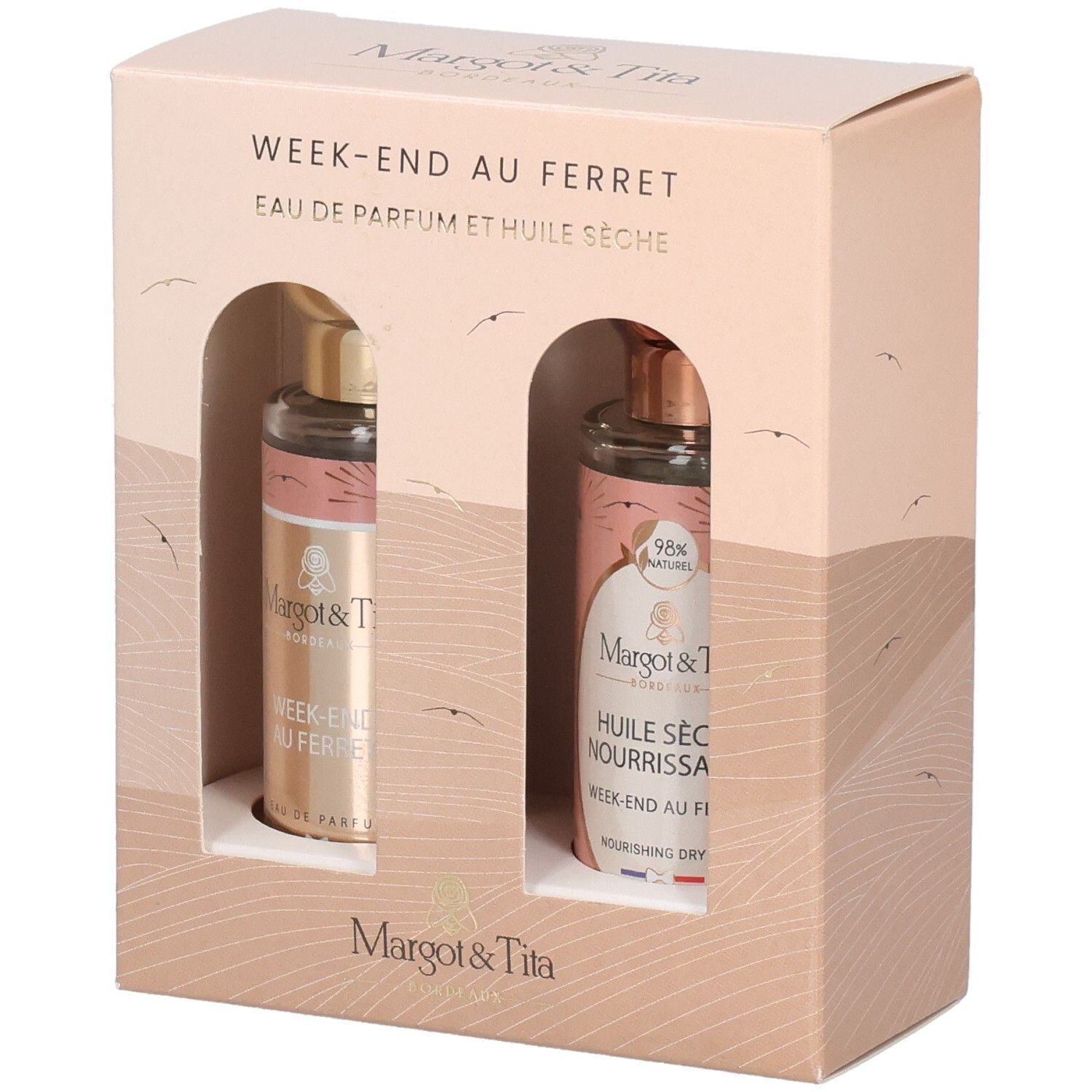 Coffret avec deux flacons. Inscription: Margot & Tita. Contient Eau de Parfum et Huile Sèche.