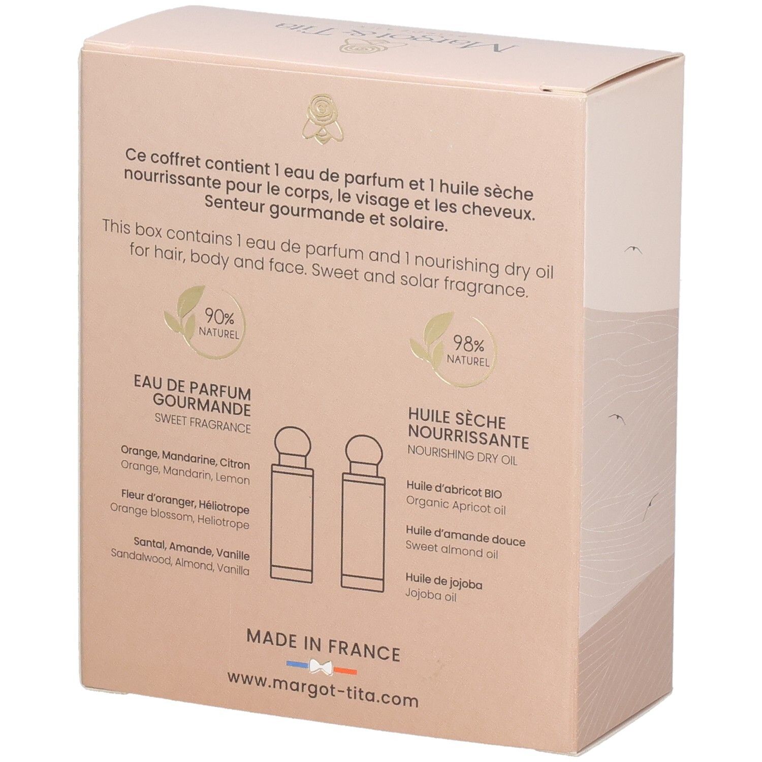 Dos du coffret. Texte: Eau de Parfum Gourmande, Huile Sèche Nourrissante. Marque: Margot & Tita.