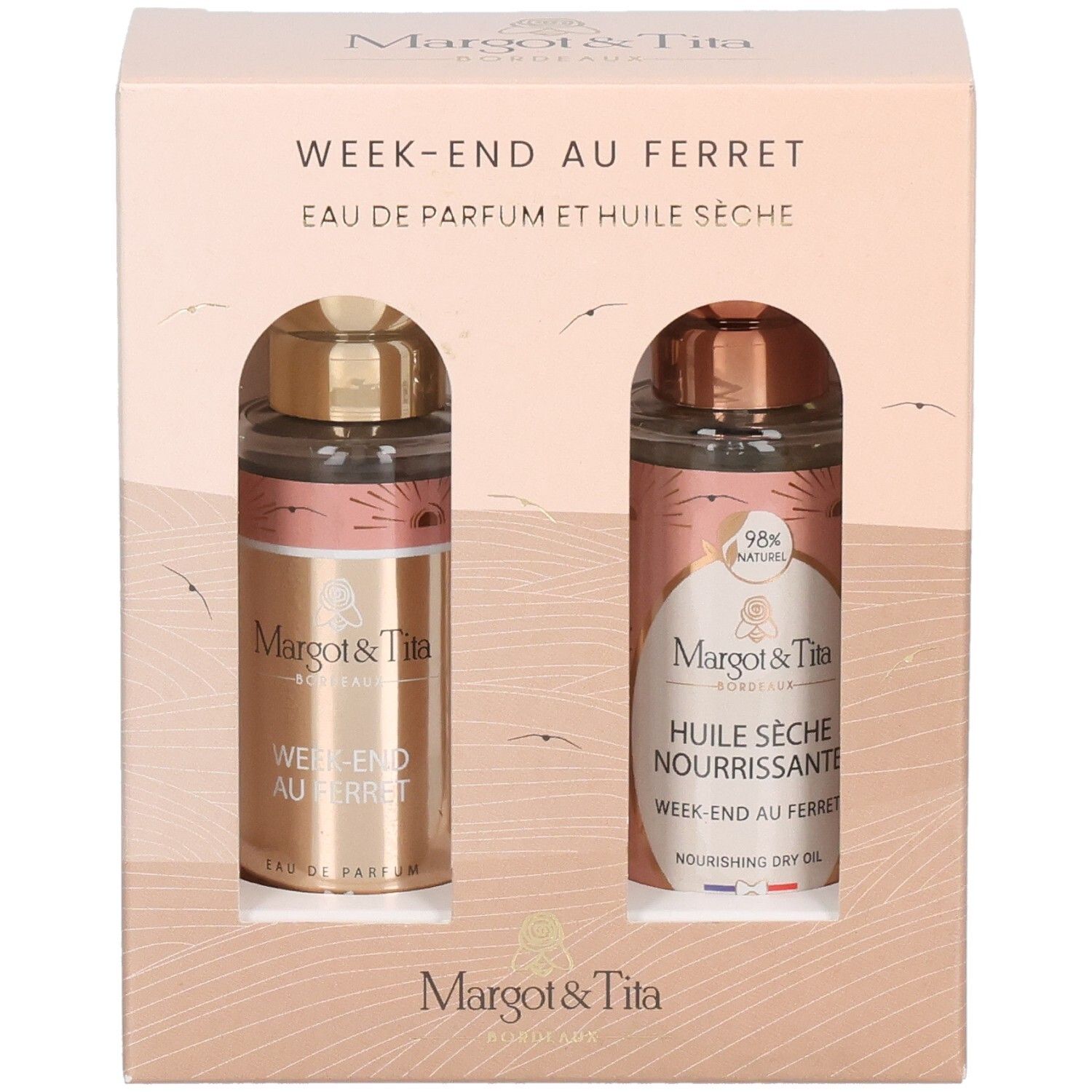 Coffret avec deux flacons. Inscription: Margot & Tita. Contient Eau de Parfum et Huile Sèche.