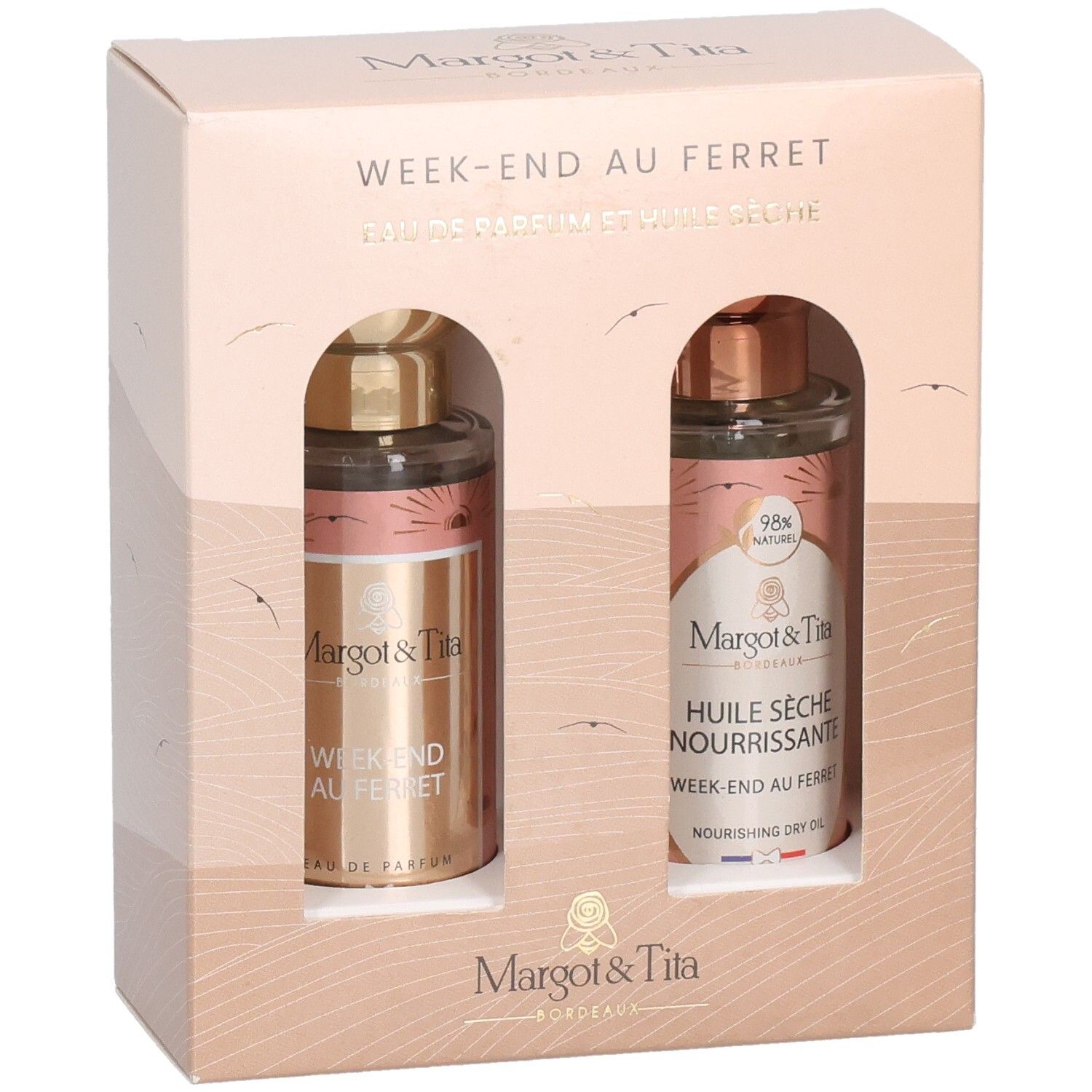 Coffret avec deux flacons. Inscription: Margot & Tita. Contient Eau de Parfum et Huile Sèche.