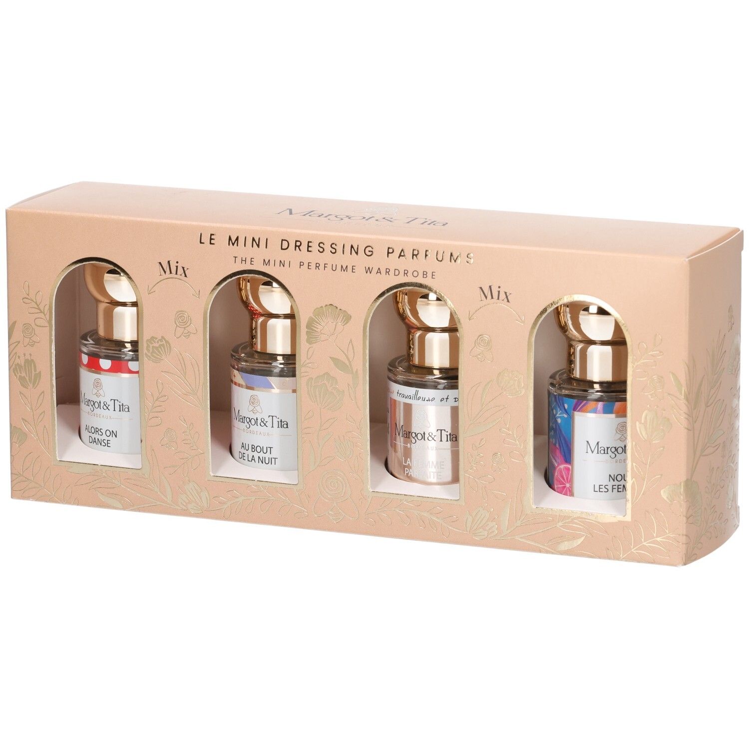 Geschenkdoos met vier miniatuurparfums. Elk flesje heeft een gouden dop en een kleurrijk etiket. De doos is beige.