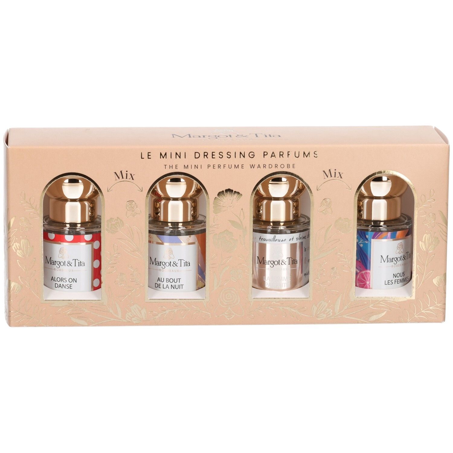 Geschenkdoos met vier miniatuurparfums. Elk flesje heeft een gouden dop en een kleurrijk etiket. De doos is beige.